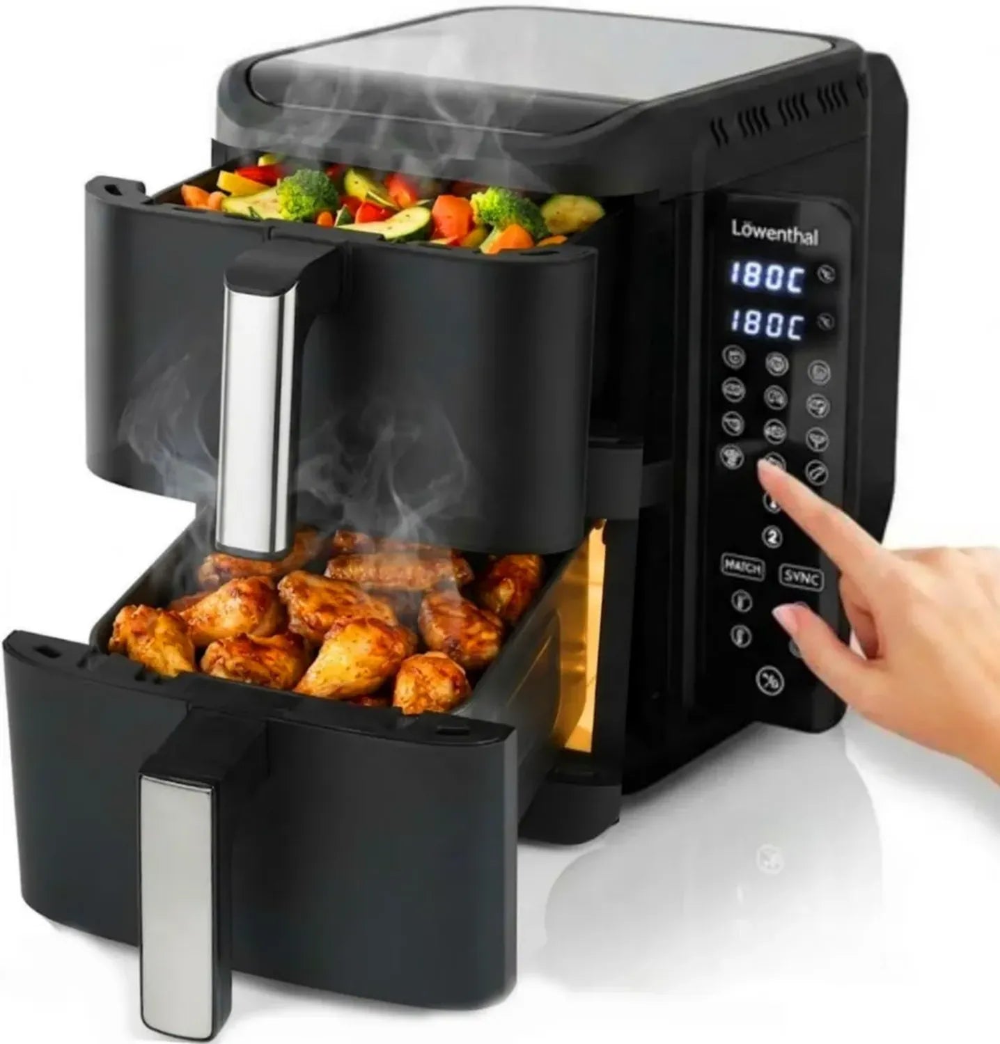 Löwenthal Heißluftfritteuse XL 11L mit Doppelkammer, 2800W, Digital-Touchscreen, 12 Programme, Schwarz