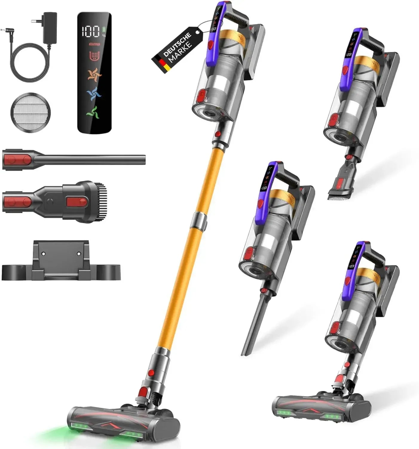 Kabelloser Akku-Staubsauger 550W, 58000Pa, 65 Min Laufzeit, LED-Display, Anti-Tangle-Bürste, 1,8L Behälter, ideal für Tierhaare, Teppiche, Hartböden, Auto, Gold