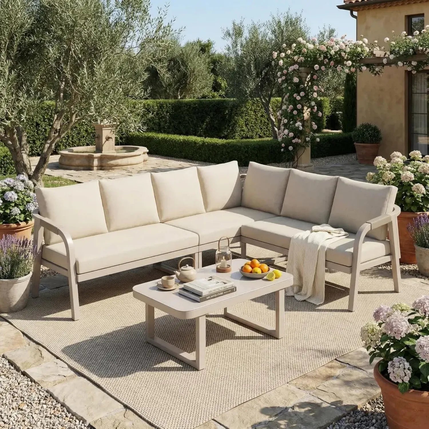 6-Personen Gartenmöbel-Set, Outdoor Lounge mit Geflechtlehnen, 4-teilig, Beige, Ideal für Balkon & Garten