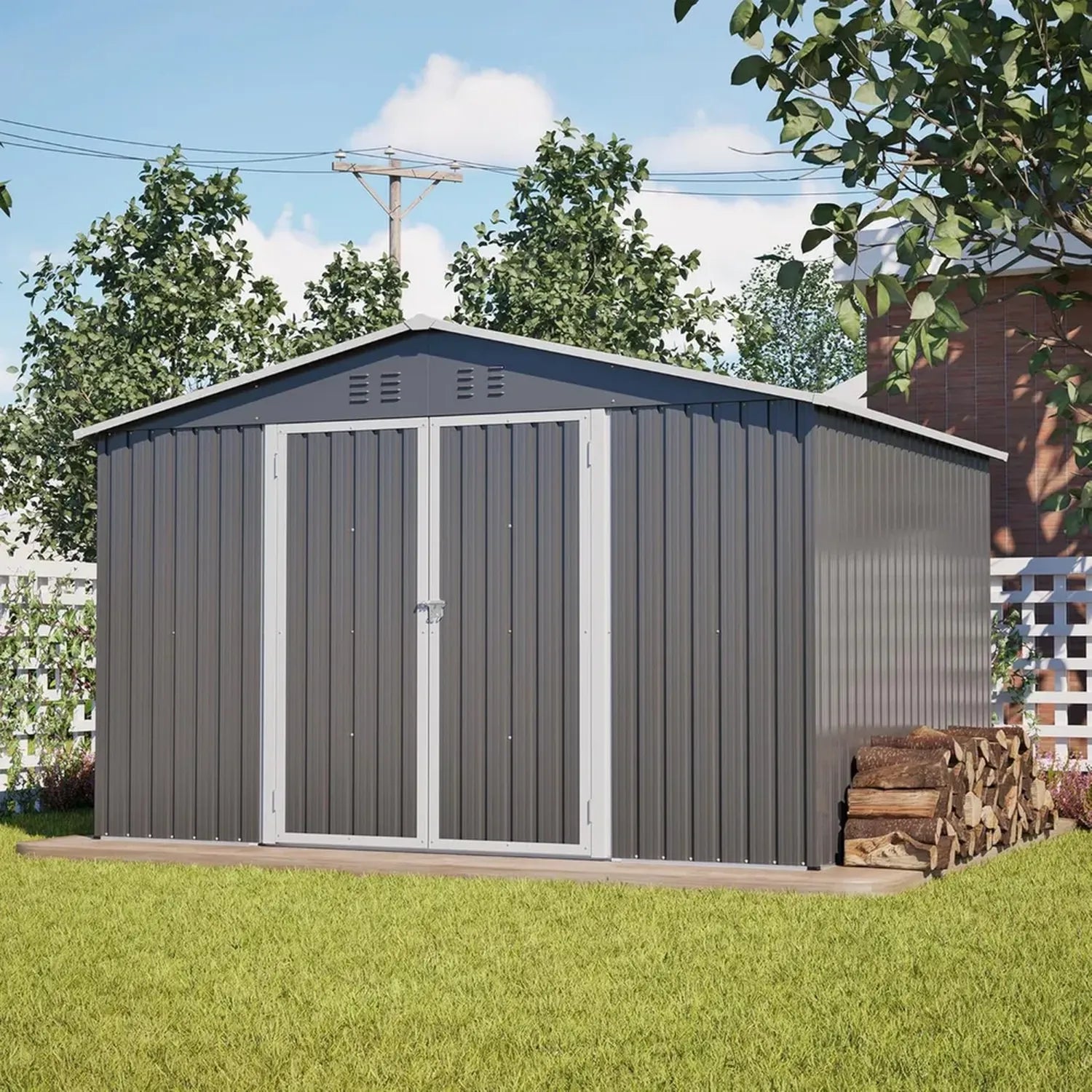 Großes Metallgerätehaus 300x252x191 cm mit Satteldach, 6,91 m² aus Stahl, abschließbare Schiebetüren, belüftet, wetterfest, Grau
